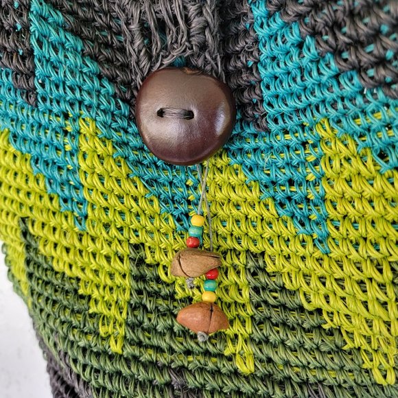 Colombian Handcrafted Raffia Crossbody Bag Navy Turquoise Green - Picture 3 of 8